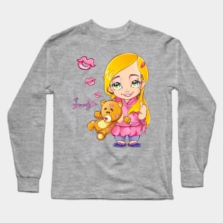 Pink Princess Girl with Teddy Bear | Lovely Long Sleeve T-Shirt